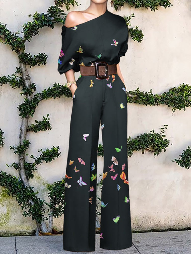 2022 Summer Pattern Print Jumpsuit Off Shoulder Romper Women Wide Leg Pant Playsuit - MERGE.DAY.1.FREESTYLE
