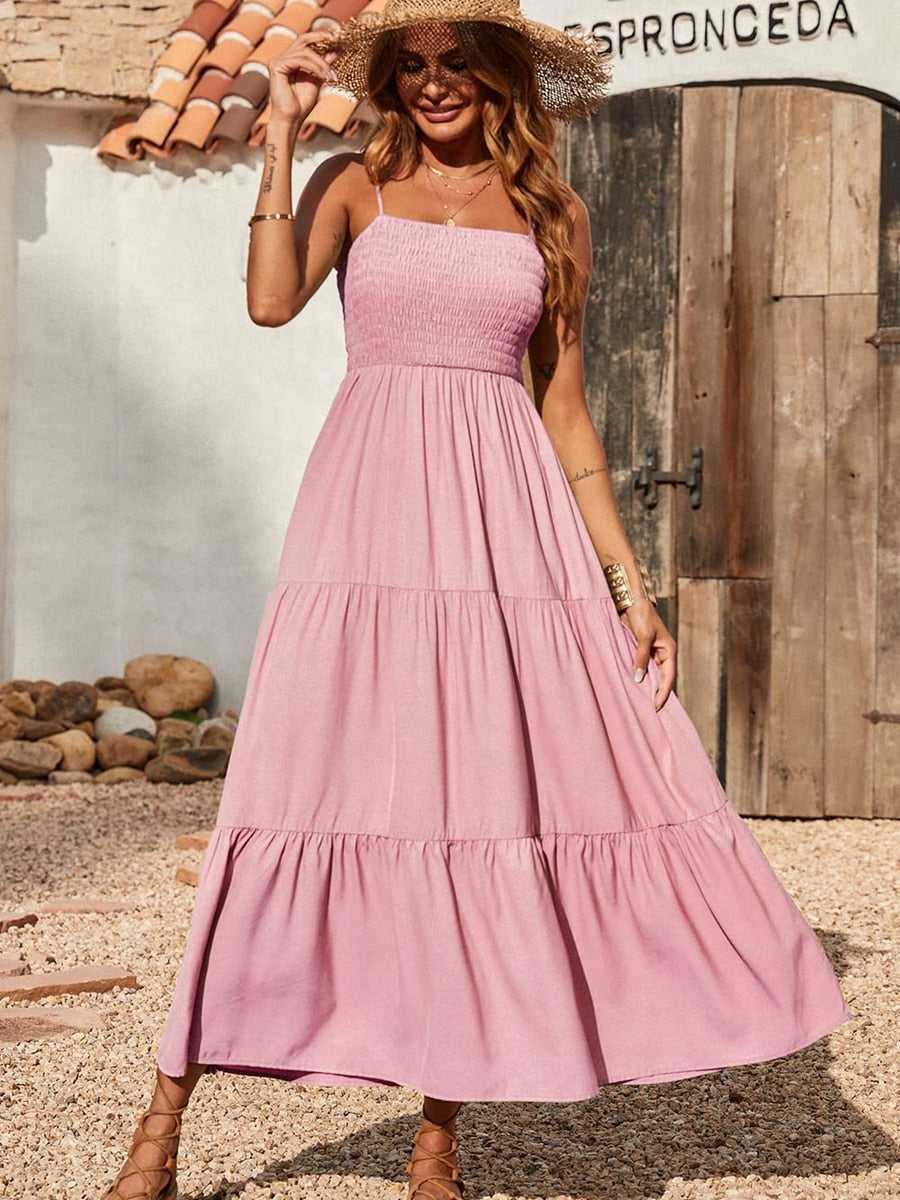 Spaghetti Strap Maxi Dress Women Summer Sleeveless Smocked Boho Long Beach Dress Sundresses - MERGE.DAY.1.FREESTYLE