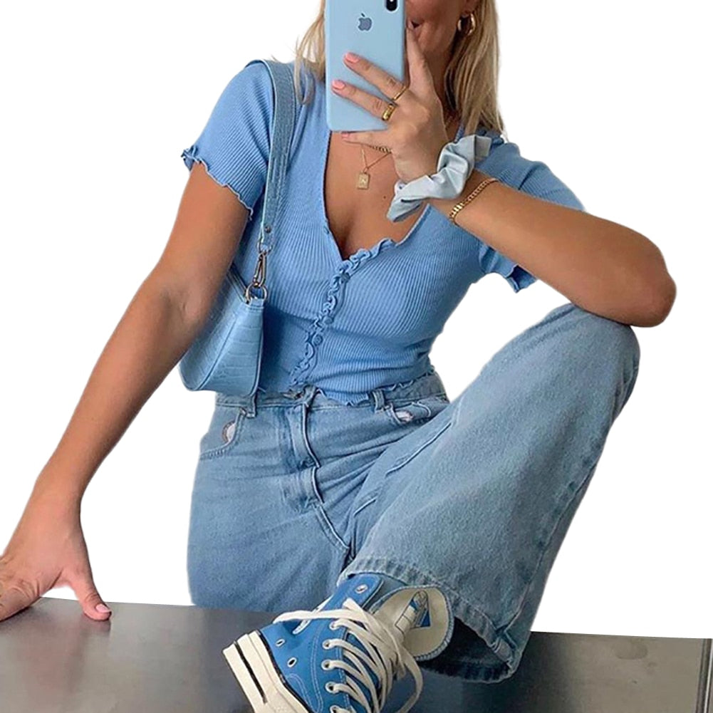 Women clothes Ladies Button Square Neck Tops Short Sleeve square collar pullover T-shirts - MERGE.DAY.1.FREESTYLE