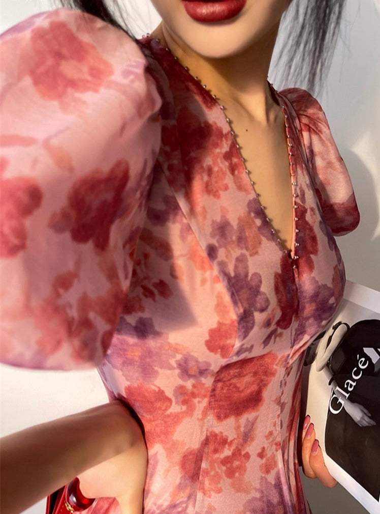 V-neck Floral Printed Dress Women Elegant Puff Sleeve Slim A-line Dress - MERGE.DAY.1.FREESTYLE
