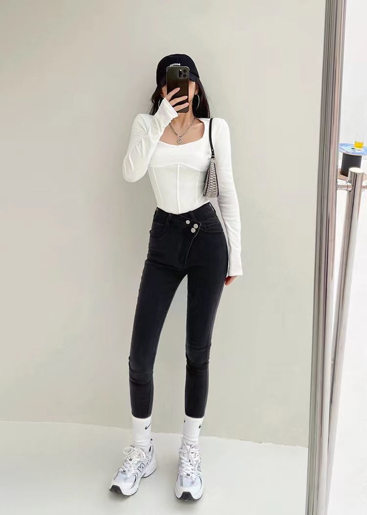 High Waist Cropped Tops Women Fashion Square Neck Long Sleeve T-Shirt Slim Basic Y2K Tees - MERGE.DAY.1.FREESTYLE