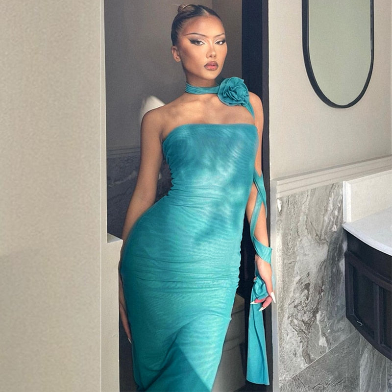 Mesh Flower Scarf Strapless Solid Elegant Sexy Bodycon Midi Prom Dress - MERGE.DAY.1.FREESTYLE