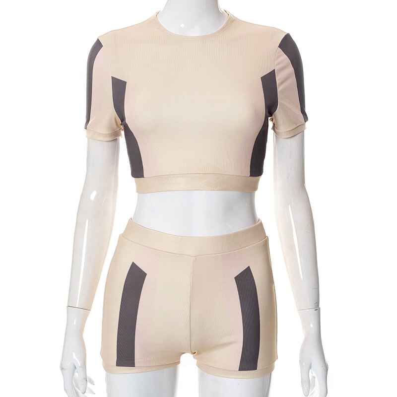 O Neck Short Sleeves Patchwork Crop T Shirt Shorts 2 Pieces Set - MERGE.DAY.1.FREESTYLE