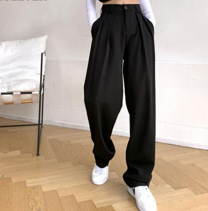 Long Suit Pants High Waist Button Women Wide Leg Trousers - MERGE.DAY.1.FREESTYLE