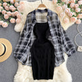Summer Women Two Piece Set Plaid Long Sleeve Sunscreen Shirt+A-line Knitting Slip Dress - MERGE.DAY.1.FREESTYLE
