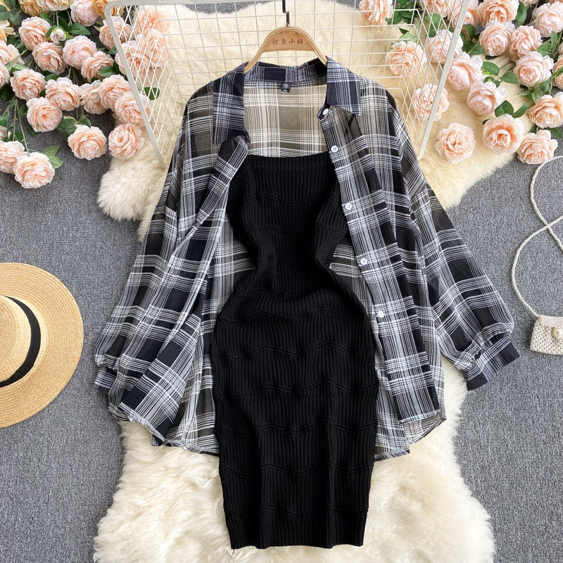 Summer Women Two Piece Set Plaid Long Sleeve Sunscreen Shirt+A-line Knitting Slip Dress - MERGE.DAY.1.FREESTYLE