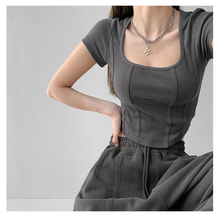 Vintaege Y2K Tops Women Summer Square Collar Short Sleeve T-shirt Fishbone Line Slim Crop - MERGE.DAY.1.FREESTYLE