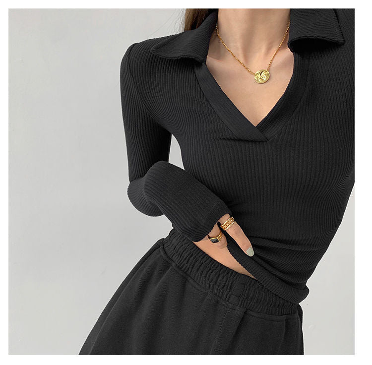 Sexy V-Neck Slim Fitness Women's T-Shirt Long Sleeve Polo Shirt Woman High Waist Cropped Tops - MERGE.DAY.1.FREESTYLE