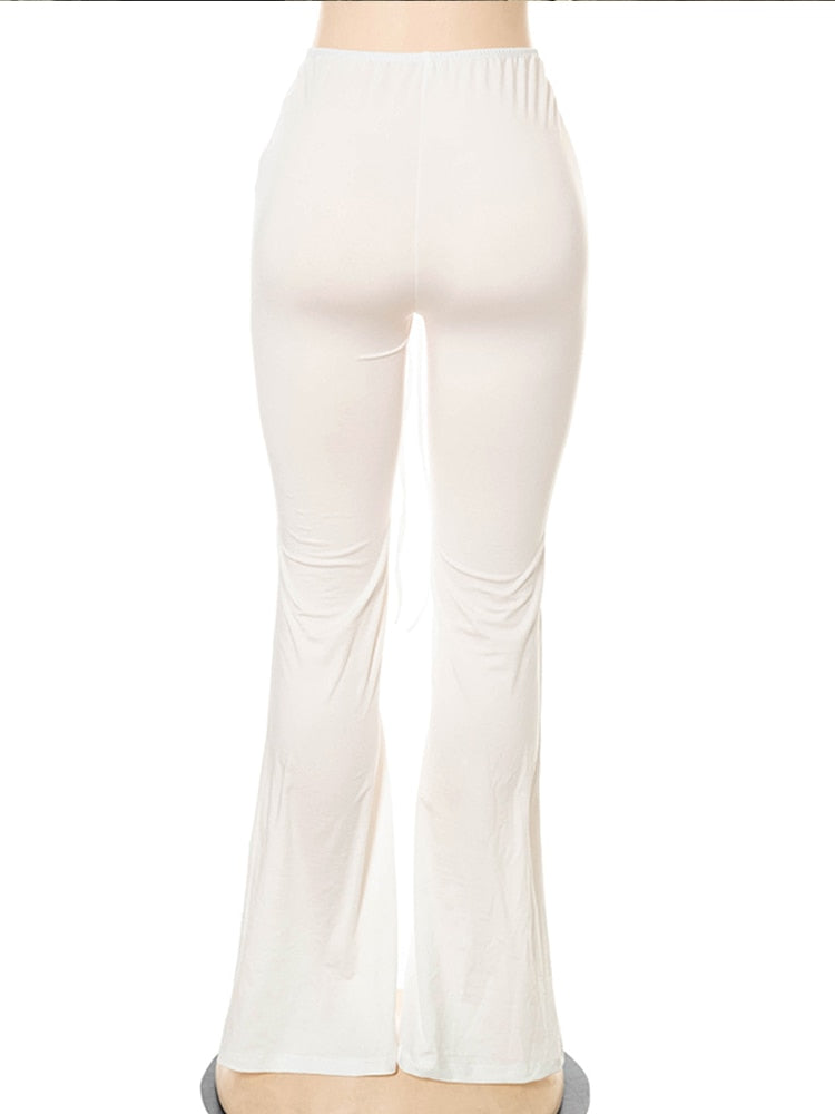 Women Slim Flare Pants Low Waist Drawstring Ruched Wide Leg White Trousers Joggers Sweatpants - MERGE.DAY.1.FREESTYLE