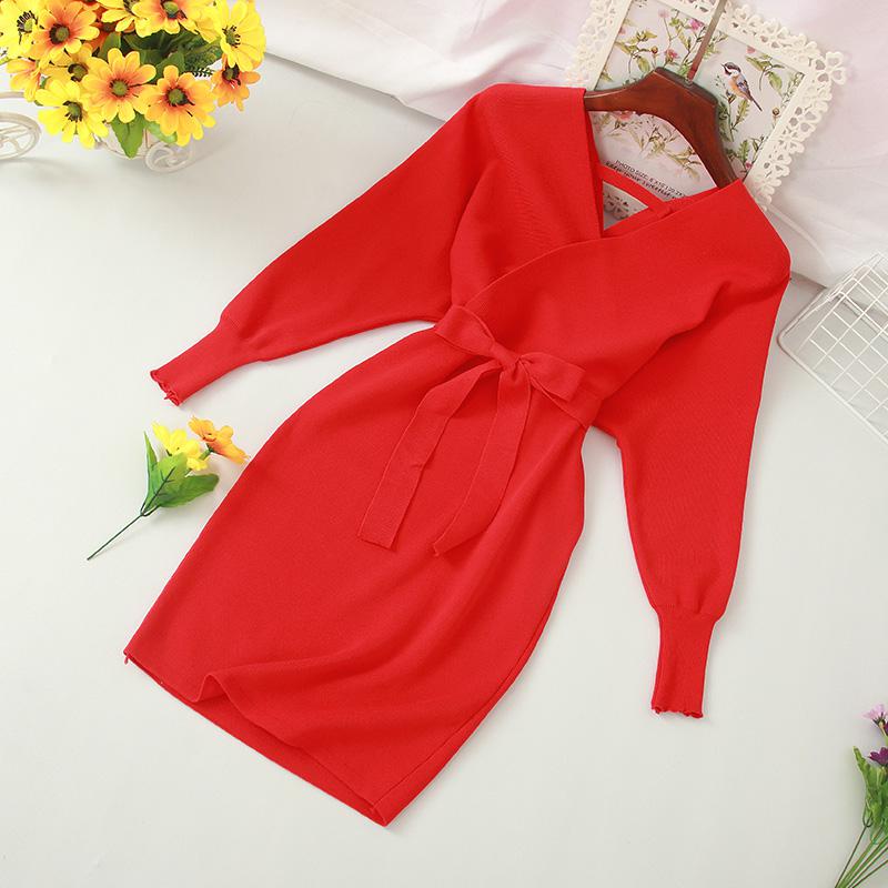 Autumn Women Sexy Elegant Knitted Dress Backless V Neck Sash Tie Up High Waist Dresses - MERGE.DAY.1.FREESTYLE
