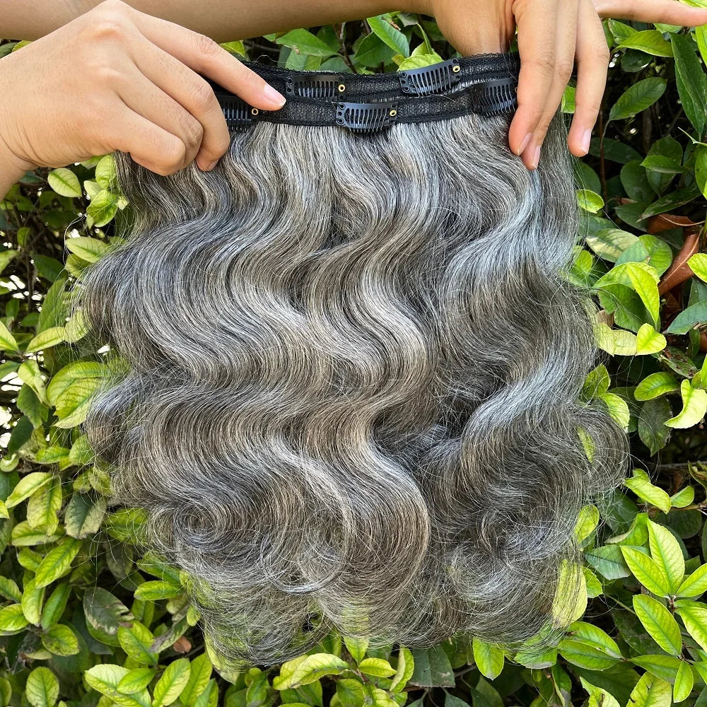 SoulLady Salt and Pepper Clip in Hair Extensions Real Human Hair Brazilian Virgin Human Hair Extensions 6 Pieces/Set for Senior - MERGE.DAY.1.FREESTYLE