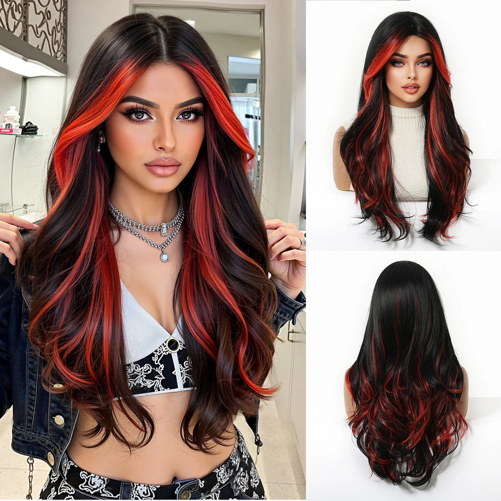 Platinum Blonde with White Highlight Dark Roots Synthetic Hair Wigs for Women Long Wavy Cosplay Daily Party Use Heat Resistant - MERGE.DAY.1.FREESTYLE