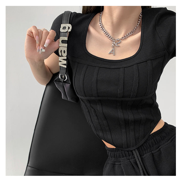 Summer Bright Line White T-shirt Women Slim Square Neck Short Sleeve Cropped Tops Female - MERGE.DAY.1.FREESTYLE