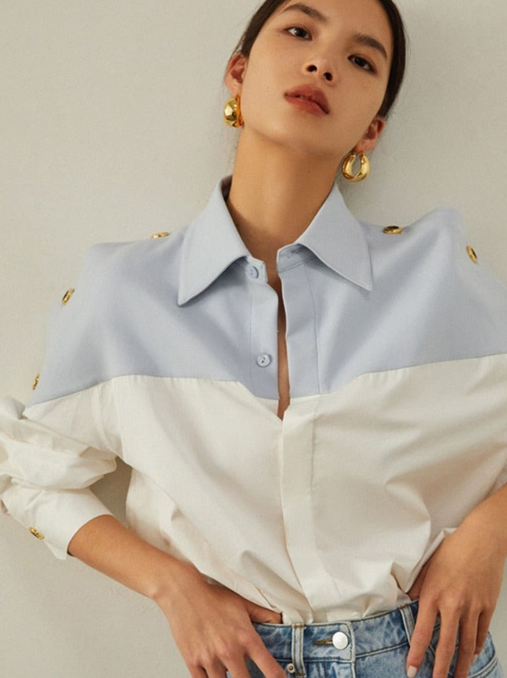 Patchwork Lapel Women Shirts Long Sleeve Single-breasted Loose Female Blouses - MERGE.DAY.1.FREESTYLE