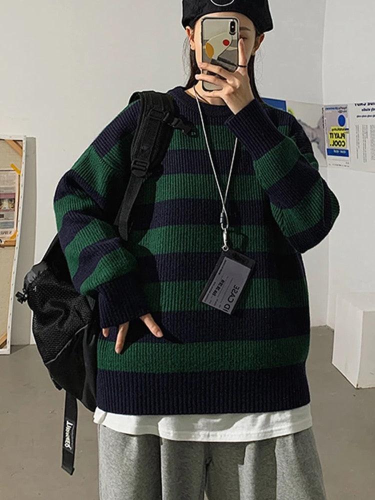Autumn Winter Knitted Striped Sweater Casual Oversized Pullovers Sweaters - MERGE.DAY.1.FREESTYLE