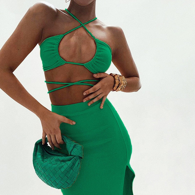 Cryptographic Bandage Cut Out Sexy Halter Neck Top and Skirts Set Gathered Elegant - MERGE.DAY.1.FREESTYLE