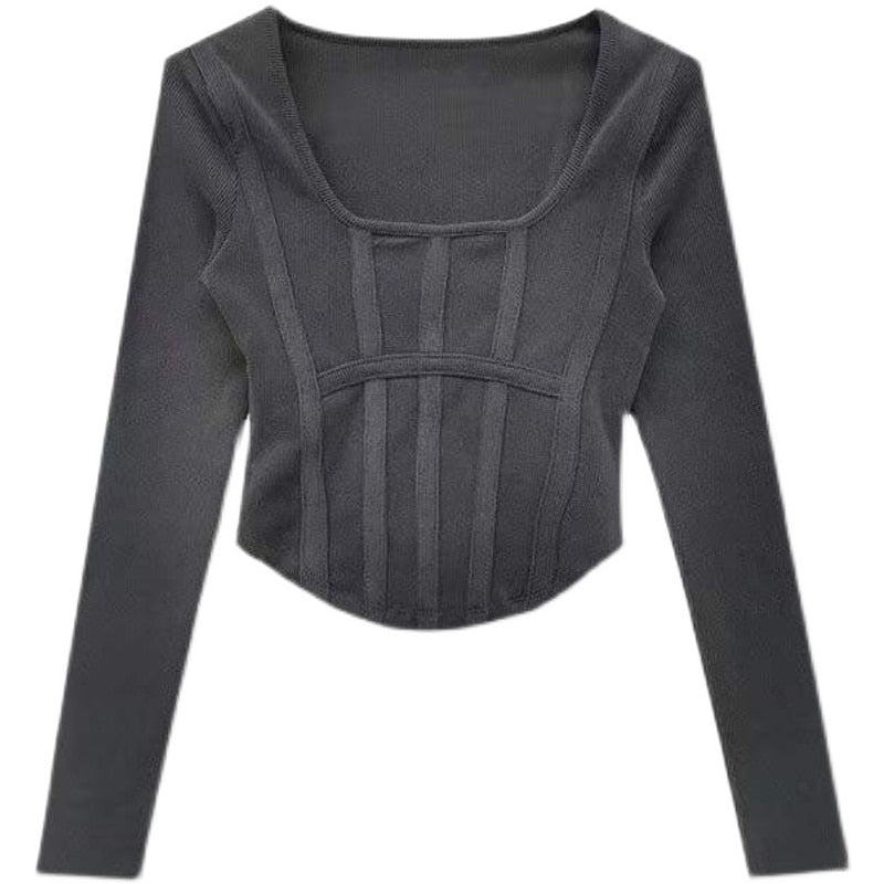 Fishbone Pattern Women's Long Sleeve T-shirt High Waist Slim Square Collar Tops Woman - MERGE.DAY.1.FREESTYLE