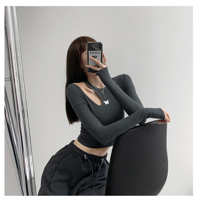 Hollow T-shirt Women Fashion Slim Y2K Cropped Tops Off Shoulder Long Sleeve Tees Woman - MERGE.DAY.1.FREESTYLE