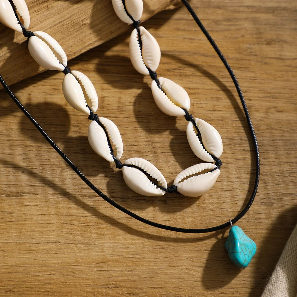 Summer Shell Choker With Stone Pendant Necklace - MERGE.DAY.1.FREESTYLE