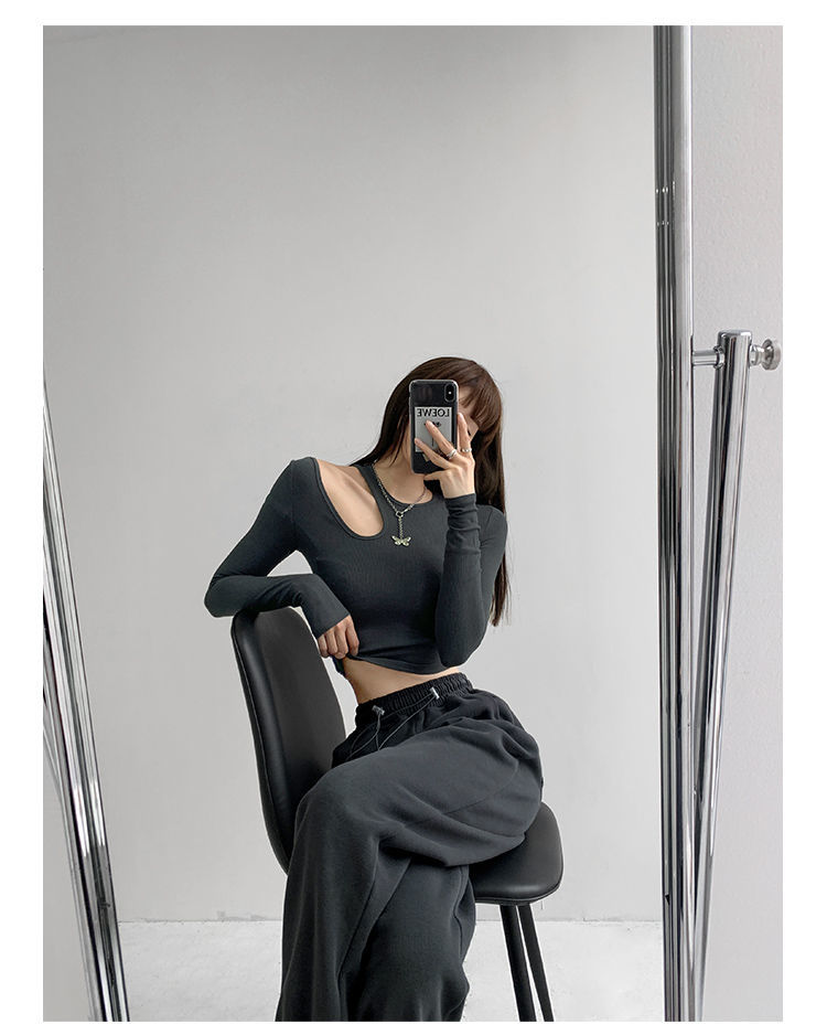 Hollow T-shirt Women Fashion Slim Y2K Cropped Tops Off Shoulder Long Sleeve Tees Woman - MERGE.DAY.1.FREESTYLE