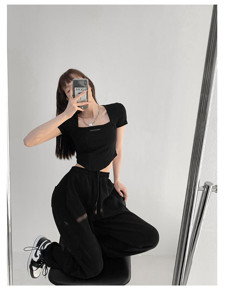 Curved Crop Tops Women Summer Square Collar Short Sleeve T-Shirt Fashion Slim Woman - MERGE.DAY.1.FREESTYLE
