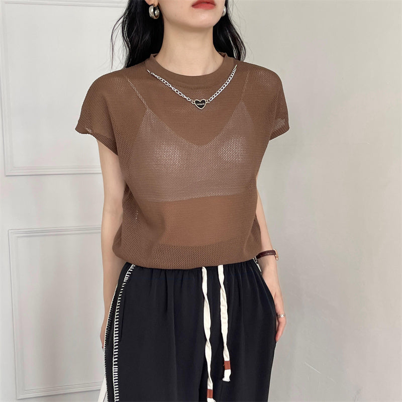 Hollow T-shirt Chain Women Summer New Solid Color Short Sleeve Knitted Tops Female 2022 - MERGE.DAY.1.FREESTYLE