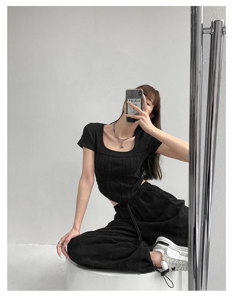 Summer Bright Line White T-shirt Women Slim Square Neck Short Sleeve Cropped Tops Female - MERGE.DAY.1.FREESTYLE