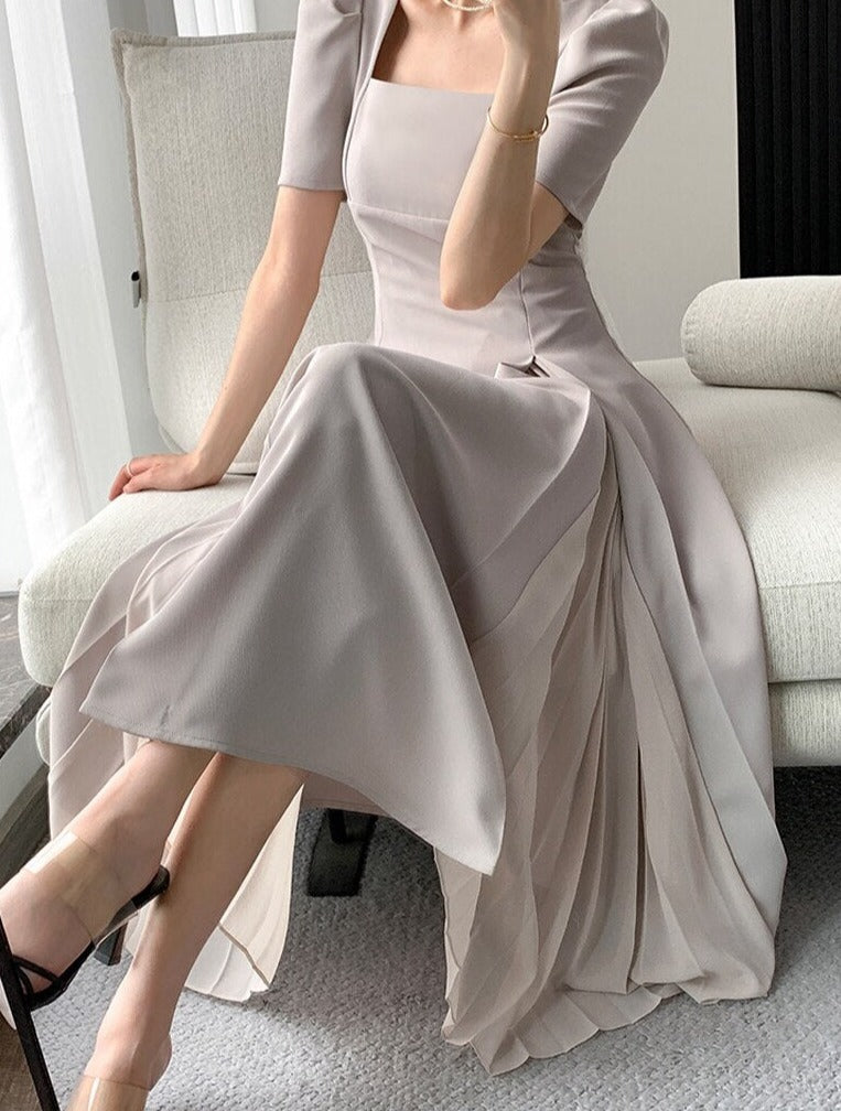 Vintage Square Collar Mid-Length Dress Elegant Short Sleeve Slim Waist Mesh - MERGE.DAY.1.FREESTYLE
