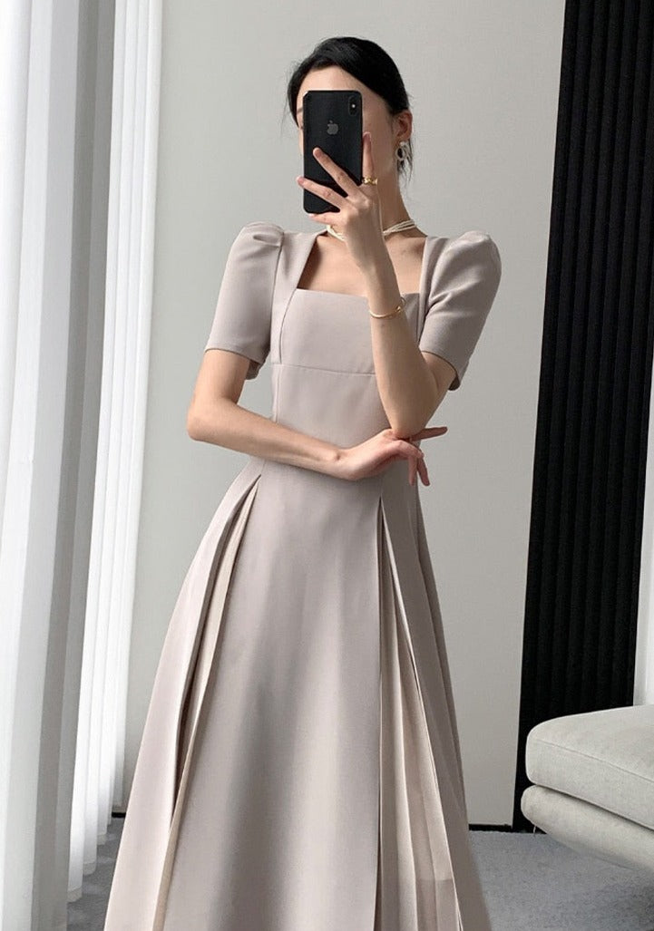 Vintage Square Collar Mid-Length Dress Elegant Short Sleeve Slim Waist Mesh - MERGE.DAY.1.FREESTYLE