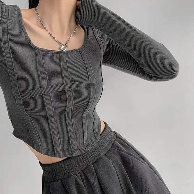 Fishbone Pattern Women's Long Sleeve T-shirt High Waist Slim Square Collar Tops Woman - MERGE.DAY.1.FREESTYLE