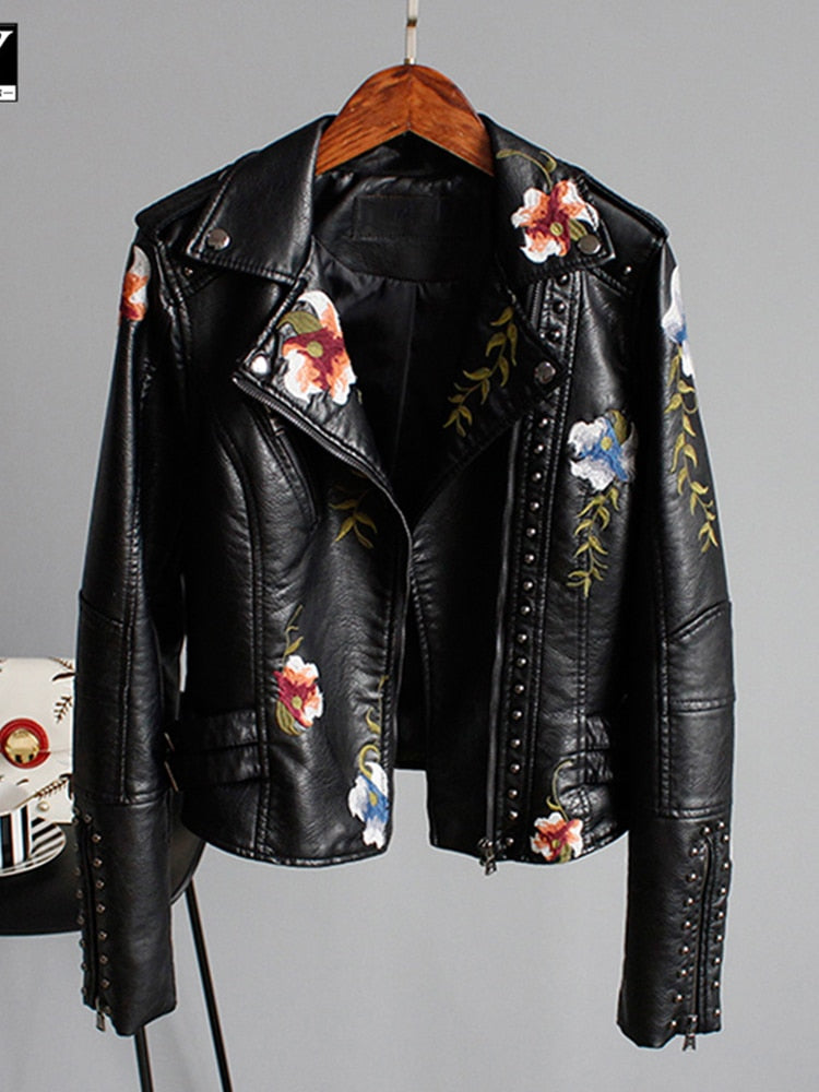Floral Print Embroidery Faux Soft Leather Jacket Women Pu Motorcycle Coat - MERGE.DAY.1.FREESTYLE
