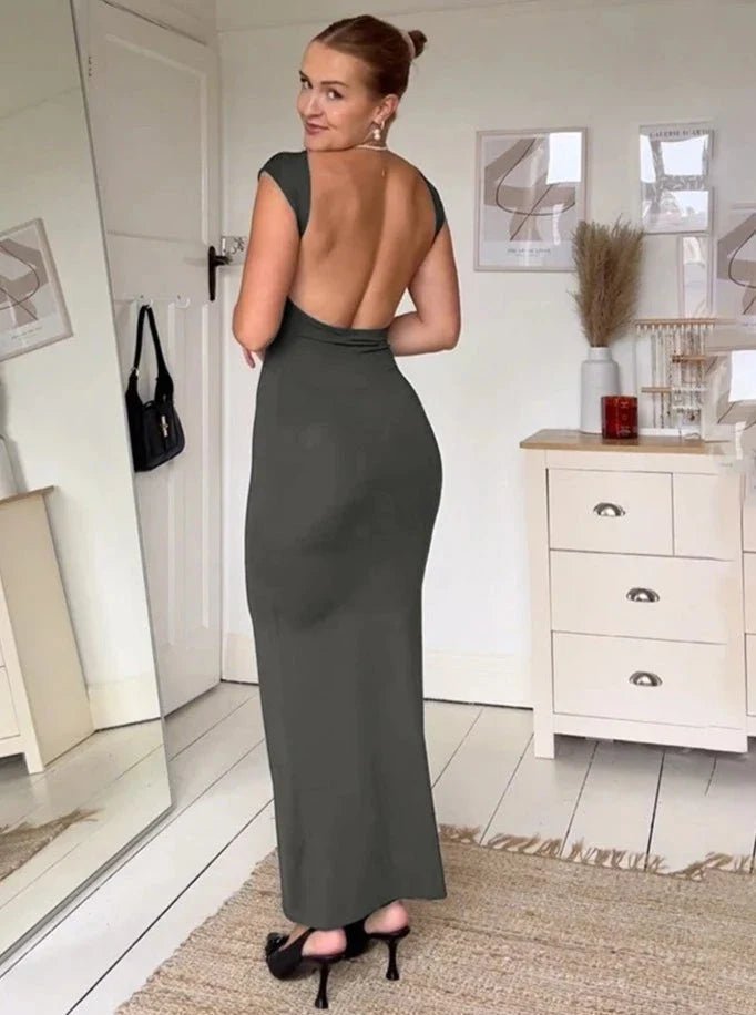 Elegant Short Sleeve Bodycon Maxi Dress O-neck Backless Lady Dresses - MERGE.DAY.1.FREESTYLE