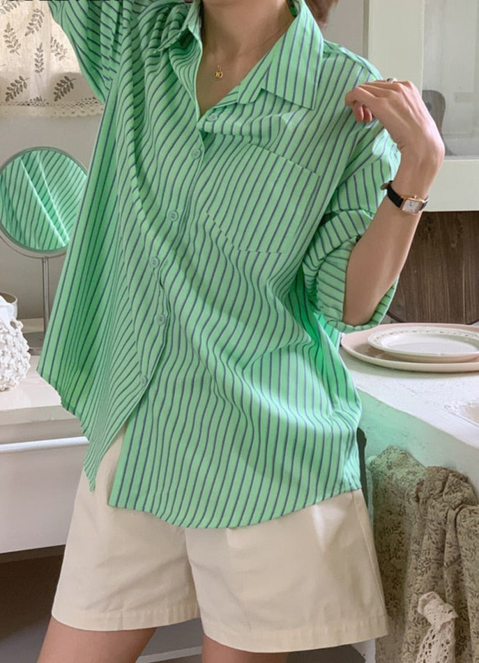 Spring Autumn Striped Blouses Long Sleeve Single-breasted Pocket Women Shirts Tops - MERGE.DAY.1.FREESTYLE