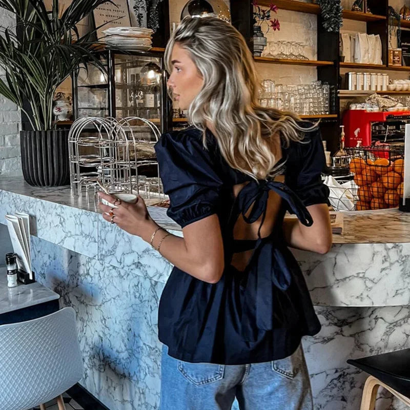Fashion Backless Short Sleeve Shirts For Women Casual Back Lace Up Tops - MERGE.DAY.1.FREESTYLE