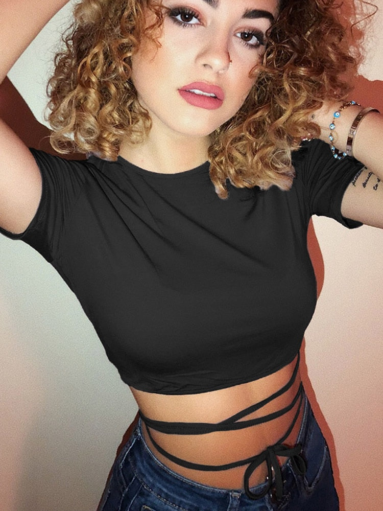 Summer Women Black Short T-Shirts Sexy Crop Tops Short Sleeve Bandage Tee Tops Female Shirts - MERGE.DAY.1.FREESTYLE