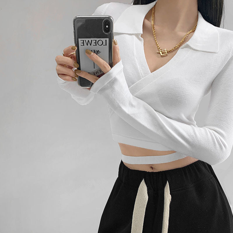 Waist Cross Bandage Polo Shirt Women Y2K Tops Fashion Fitness V-neck T-shirts Woman - MERGE.DAY.1.FREESTYLE