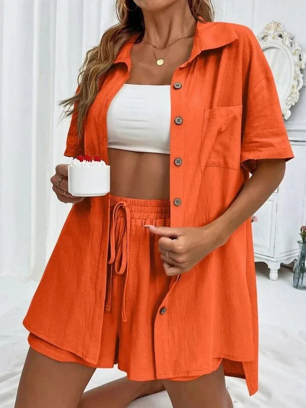 Summer Single breasted Top Broad legged Shorts Set Solid Suits - MERGE.DAY.1.FREESTYLE