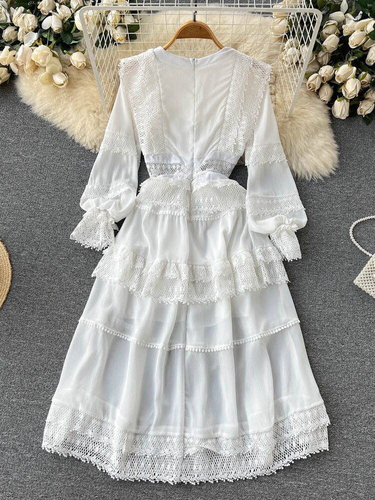 Lace Hollow Out White Dress Women Elegant V-neck Beach Holiday Style Dress - MERGE.DAY.1.FREESTYLE