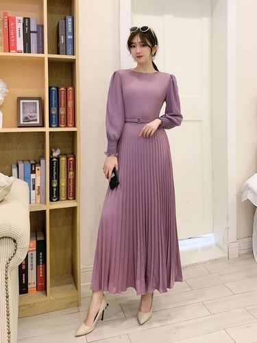 O-neck Long Sleeve A-line Dress Office Lady Pleated Maxi Dress - MERGE.DAY.1.FREESTYLE