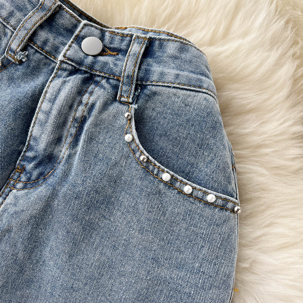 Beading Split Denim Skirts Women High Waist A-line Irregular Jeans Skirts - MERGE.DAY.1.FREESTYLE