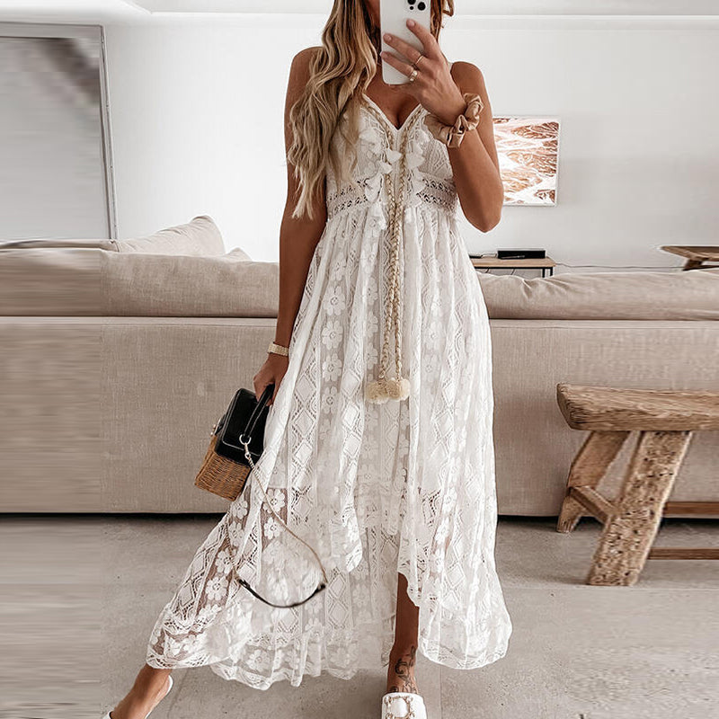 Women Dress Beach Style Elegant White Lace Spaghetti Srap Sundress Female Hollow Out Boho - MERGE.DAY.1.FREESTYLE