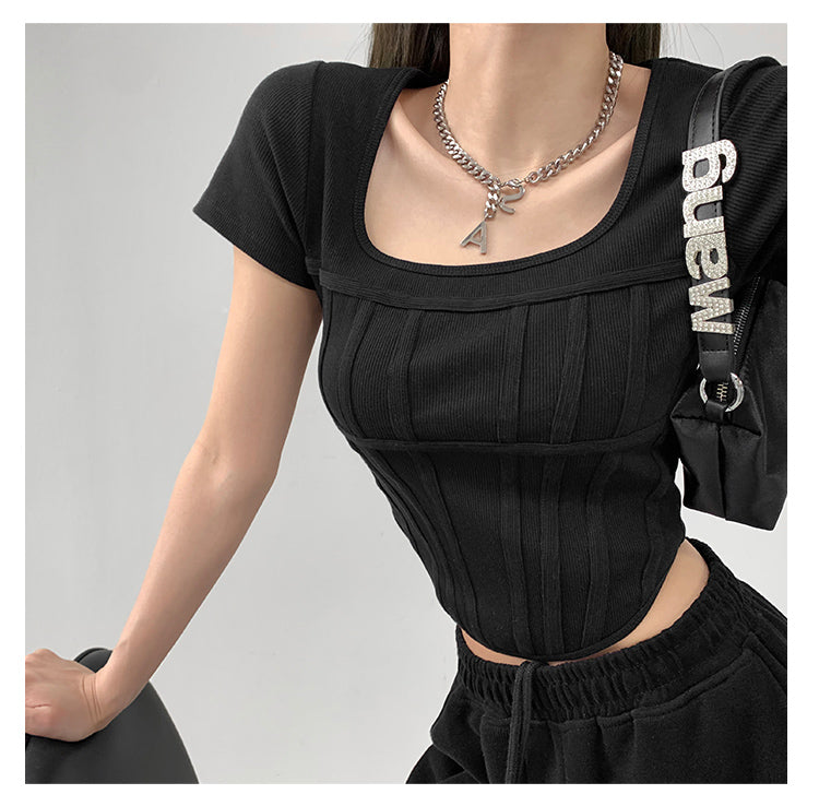 Summer Bright Line White T-shirt Women Slim Square Neck Short Sleeve Cropped Tops Female - MERGE.DAY.1.FREESTYLE