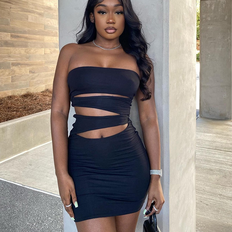 Off Shoulder Strapless Solid Hollow Out Mini Prom Dress Sexy Skinny - MERGE.DAY.1.FREESTYLE