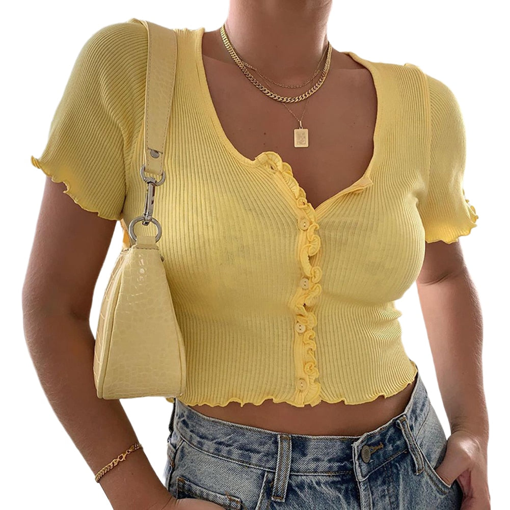 Women clothes Ladies Button Square Neck Tops Short Sleeve square collar pullover T-shirts - MERGE.DAY.1.FREESTYLE
