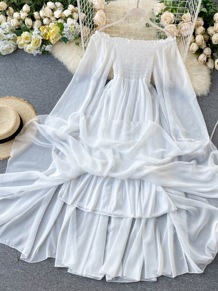 Holiday Puff Sleeve Slash Neck Off Shoulder Smocked White Chiffon Dresses - MERGE.DAY.1.FREESTYLE