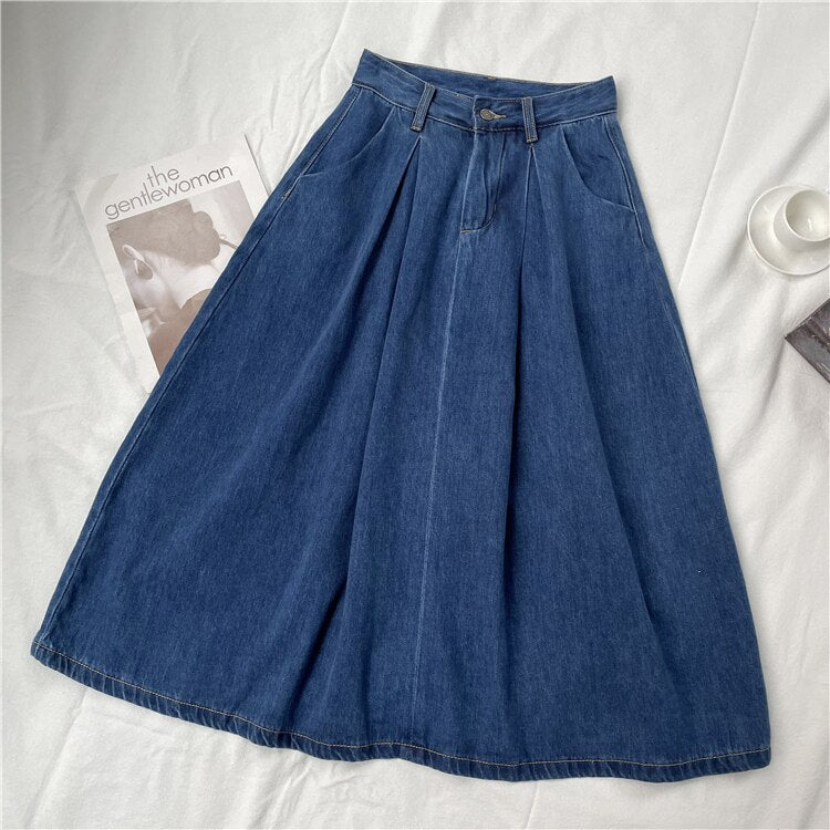 Denim Skirts Women Casual High Waist Lady Loose Vintage Dark Blue Skirts - MERGE.DAY.1.FREESTYLE