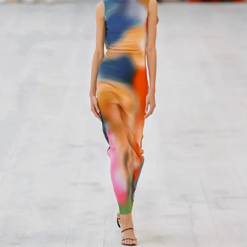 Tie Dye Print Ribbed Midi Dress Bodycon Side Slit Y2K - MERGE.DAY.1.FREESTYLE