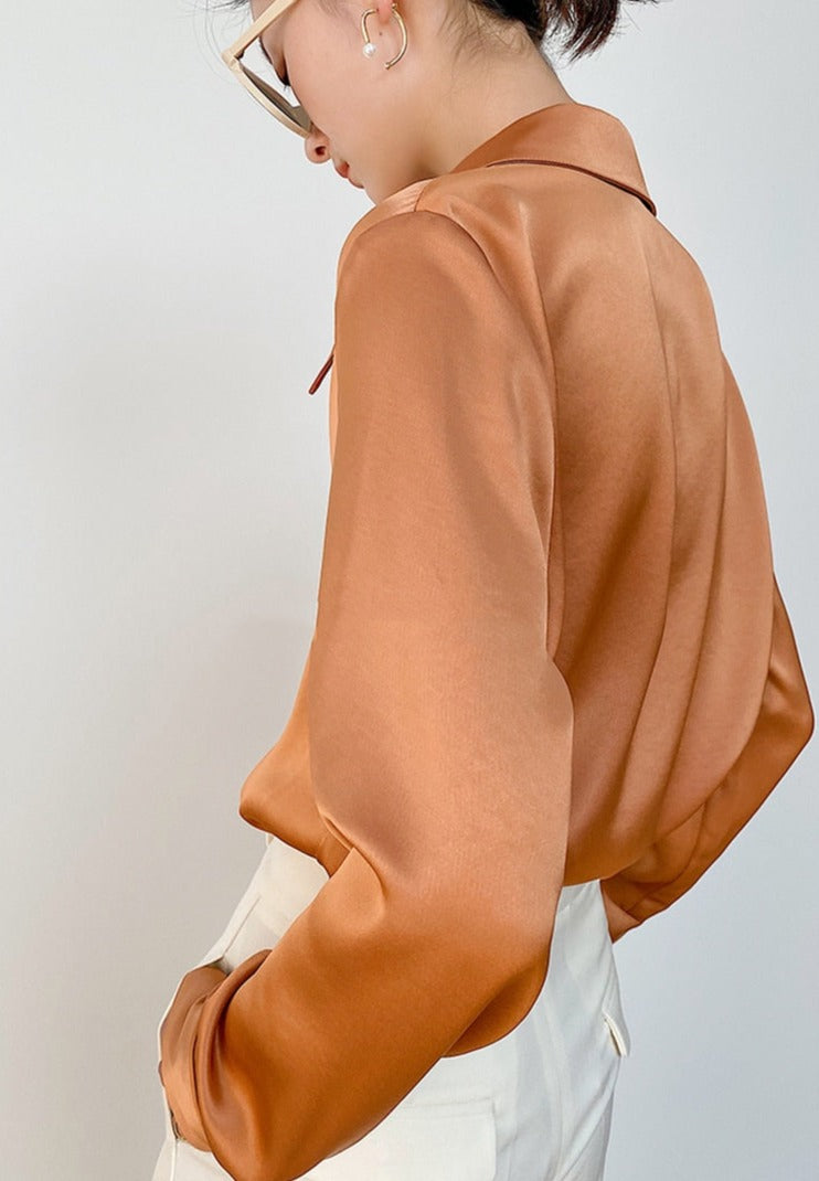 Turn-down Collar Solid Blouses Women Full Sleeve Loose Single-breasted Satin Shirts - MERGE.DAY.1.FREESTYLE