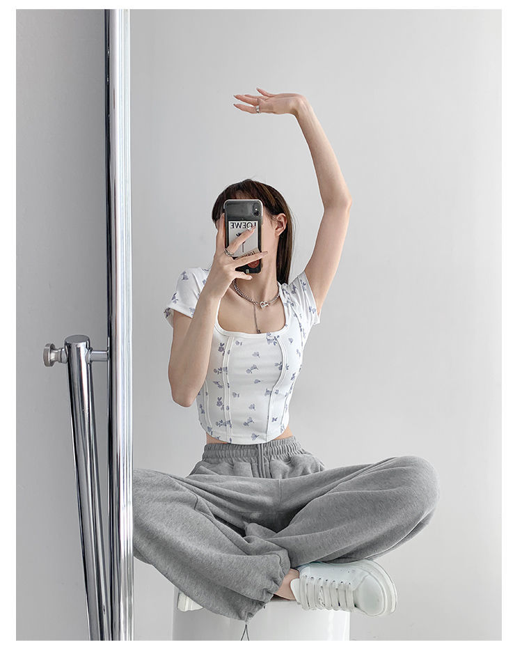 Summer Floral Cropped Top Women Slim Square Neck Short Sleeve White T-shirts Female - MERGE.DAY.1.FREESTYLE