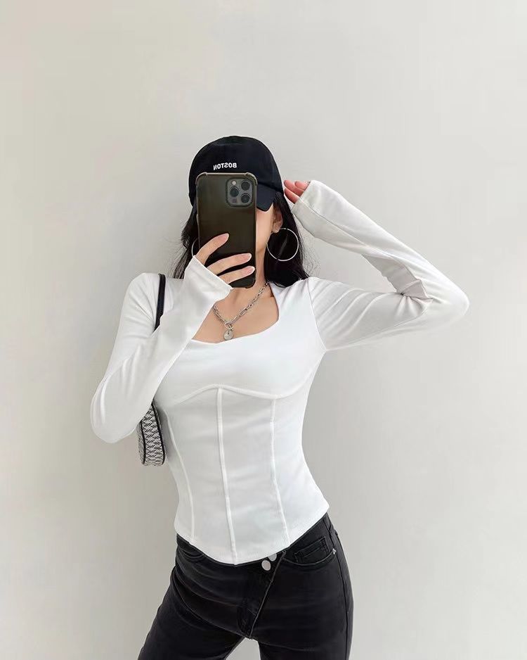 High Waist Cropped Tops Women Fashion Square Neck Long Sleeve T-Shirt Slim Basic Y2K Tees - MERGE.DAY.1.FREESTYLE